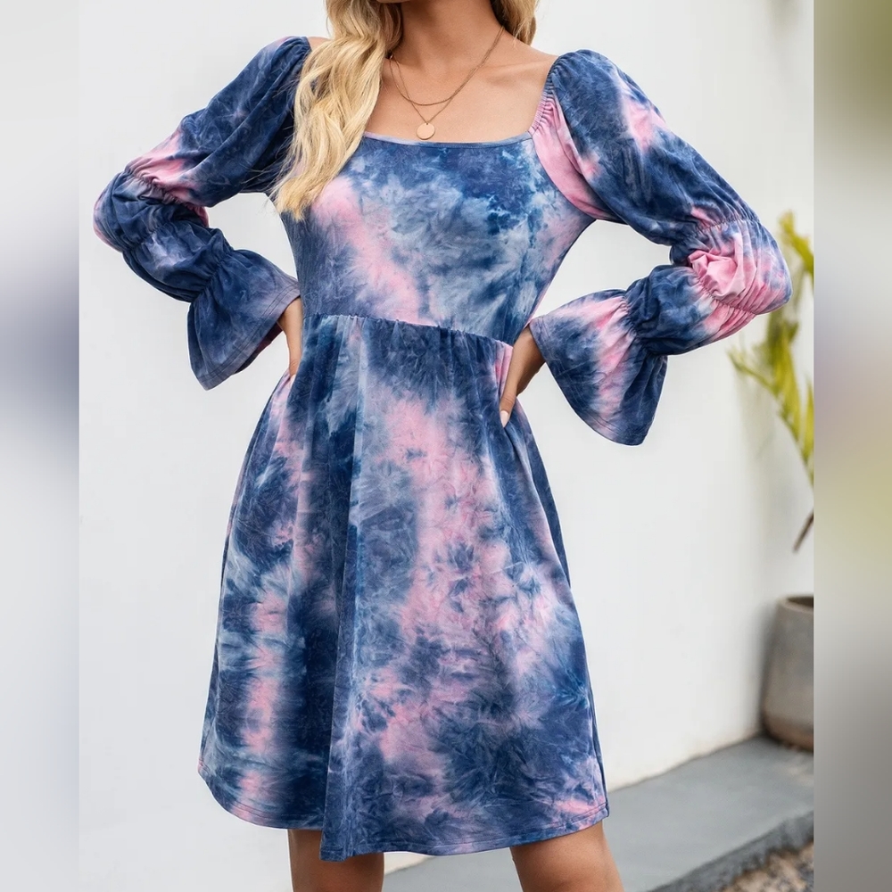 Tie-Dye Square Neck Flounce Sleeve Dress